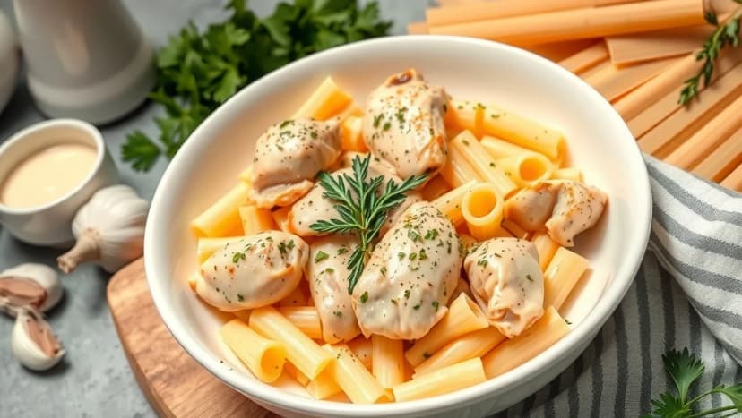 Kyckling med crème fraiche och pasta